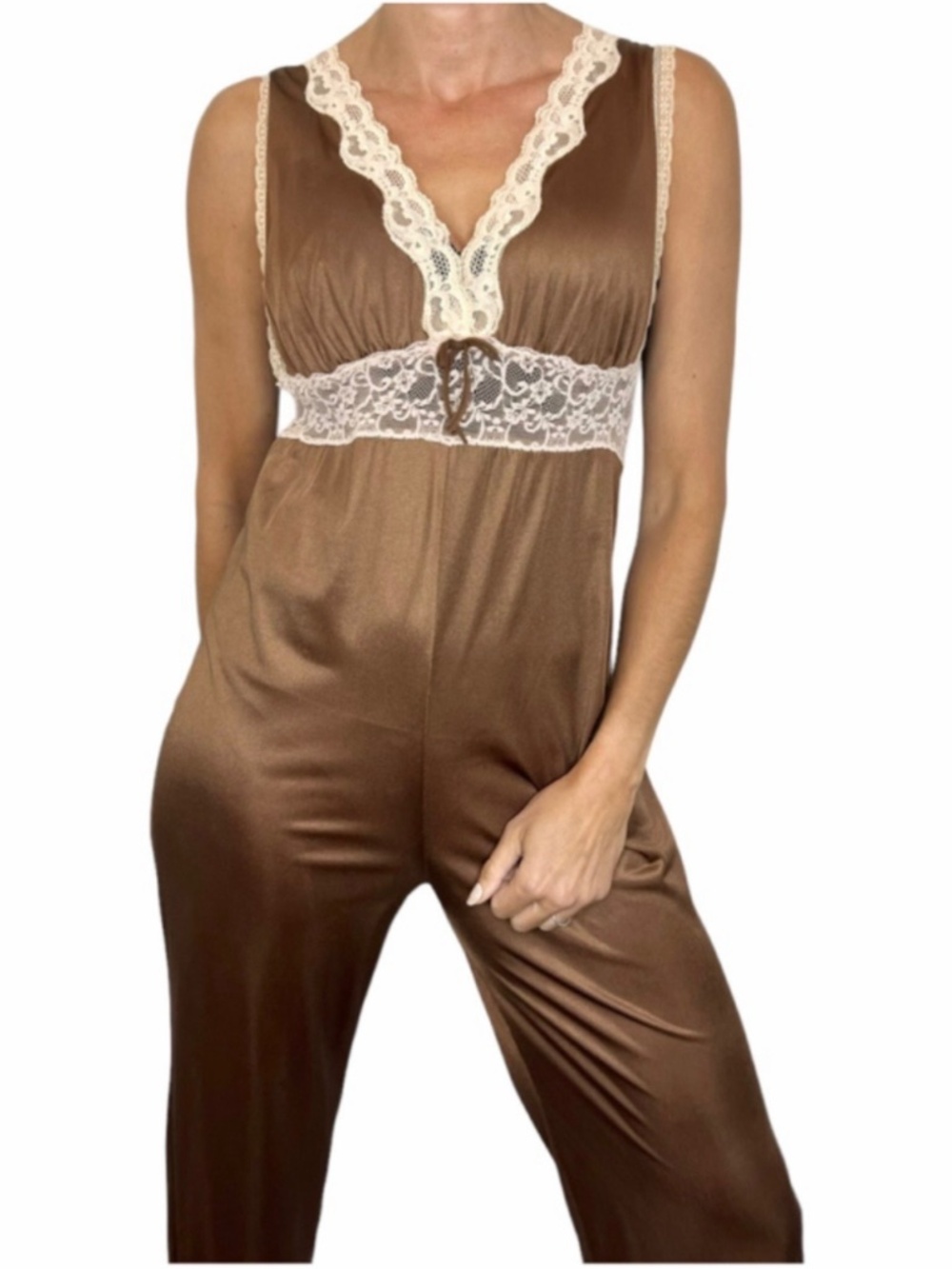 Rare VTG 70s Darling Toronto brown nylon lace trim retro lounge jumpsuit